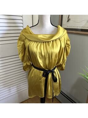 Vertigo Paris Top Womens Large Mustard Yellow Satin Belted Euro Summer Coquette